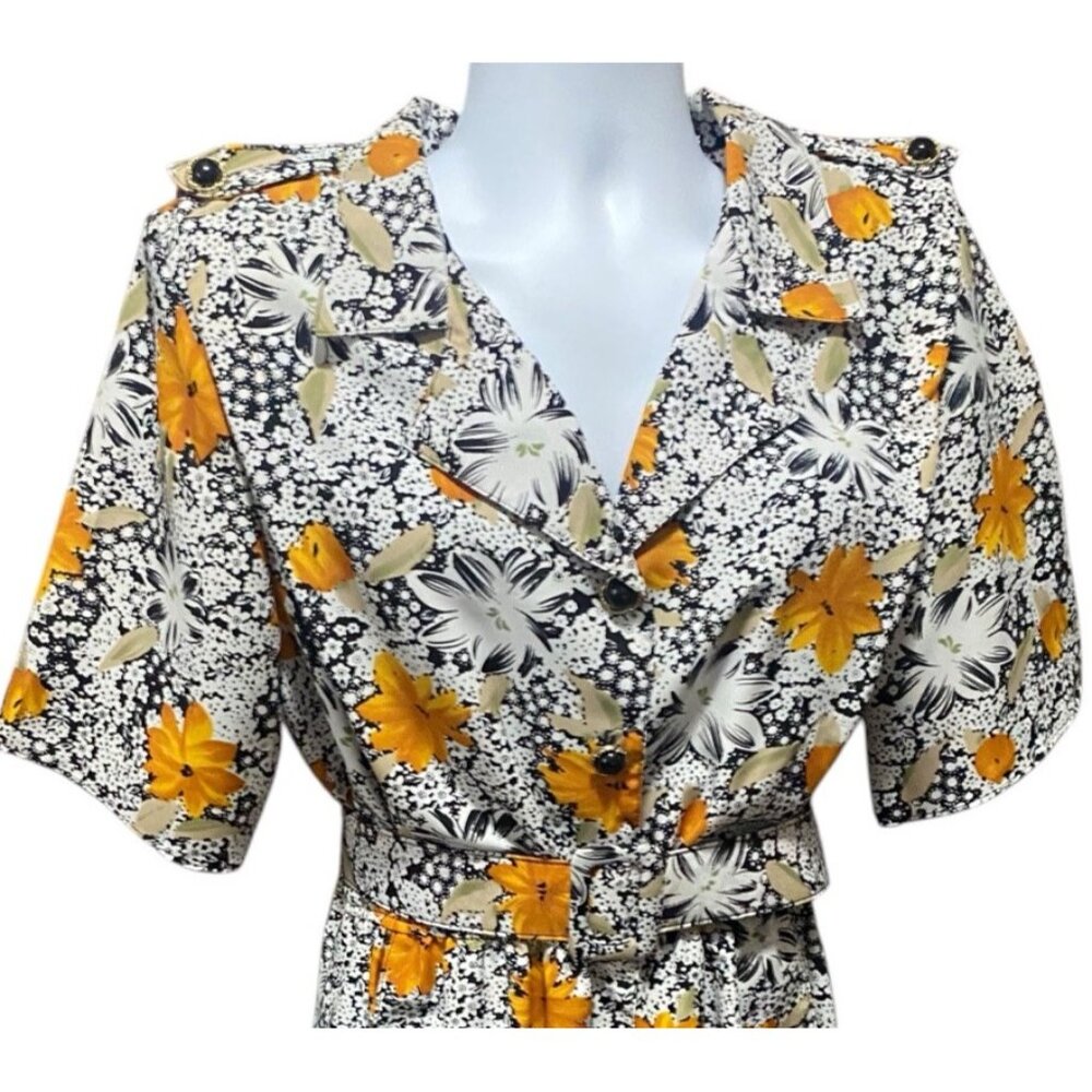 JAS Vintage Dress 2X Floral Midi Short Sleeves Collar Belted Pocket Black Yellow - Picture 8 of 15